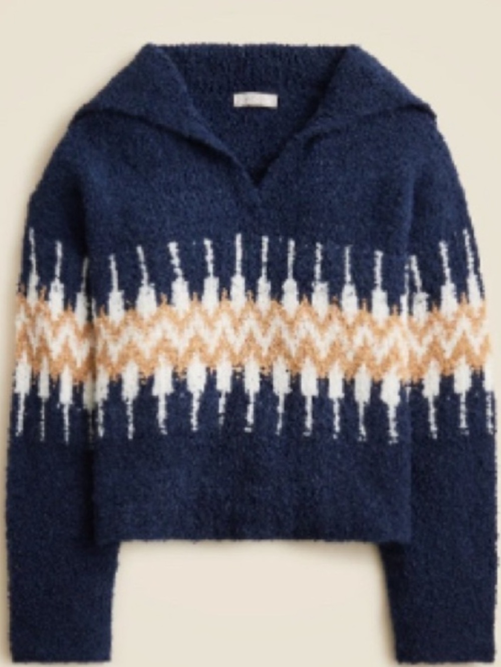 NWT J CREW Size M Navy Fair Isle johnny collar sweater in boucle acute